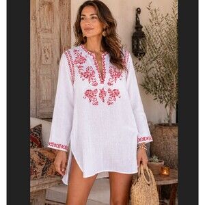 NWT Johnny Was Azalea Embroidered Tunic XL Linen Top White Floral Boho Cover Up